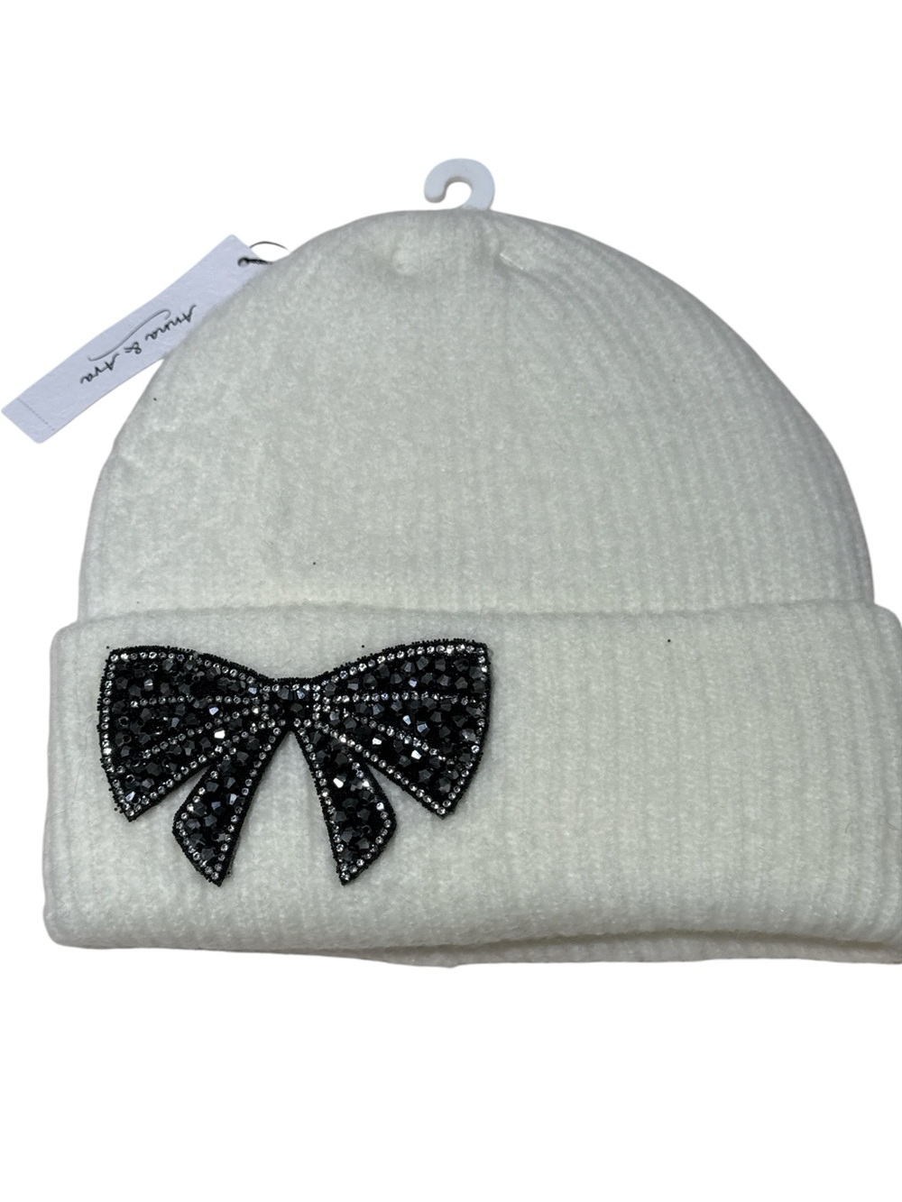 Anna & Ava White Knit Beanie with Black Rhinestone Bow